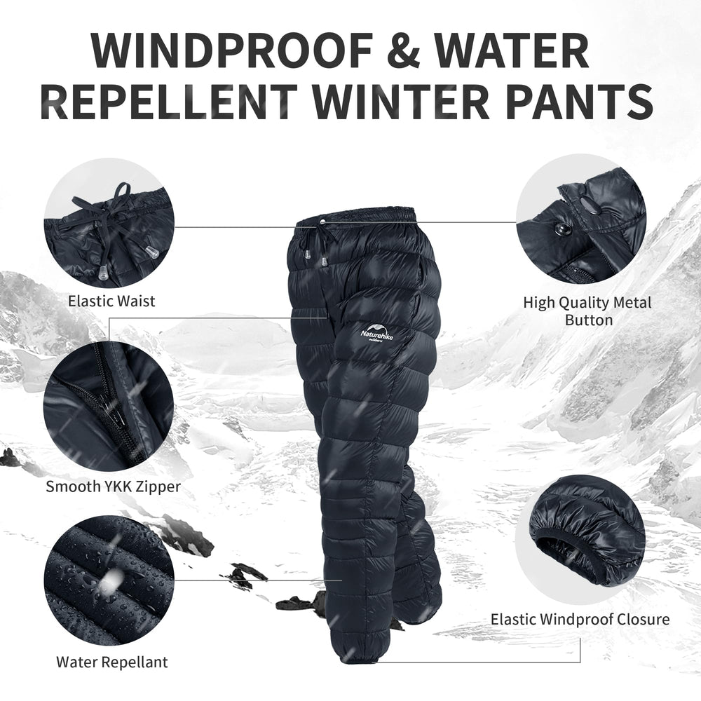 Naturehike DW Down Pants elastic waist and drawstring adapt to different fits.