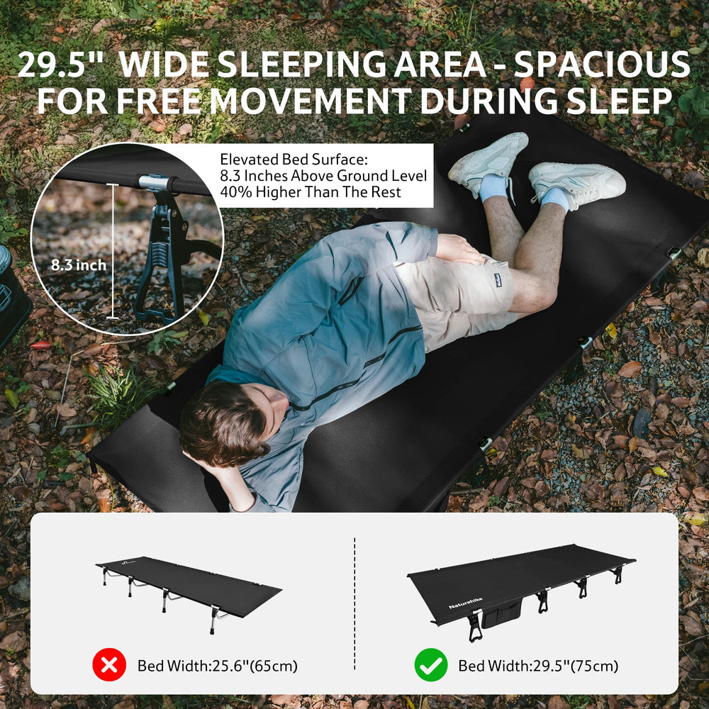 Naturehike GreenWild cot 7075 aluminum frame for sturdy support.