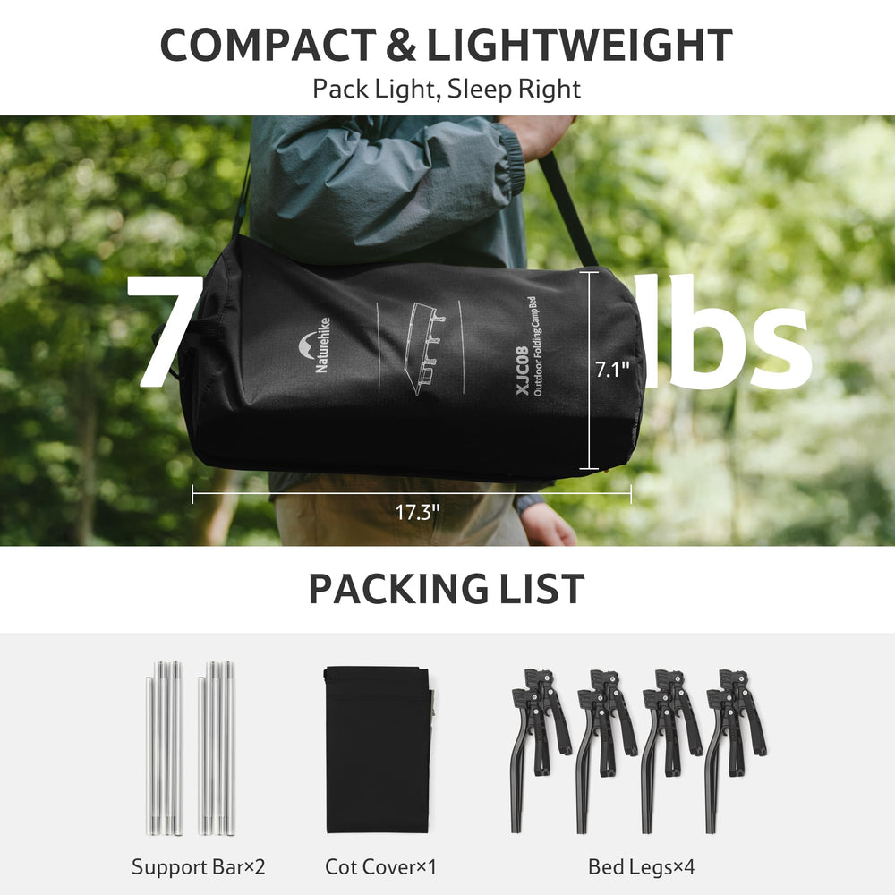 Naturehike GreenWild cot includes carry bag for easy transport.