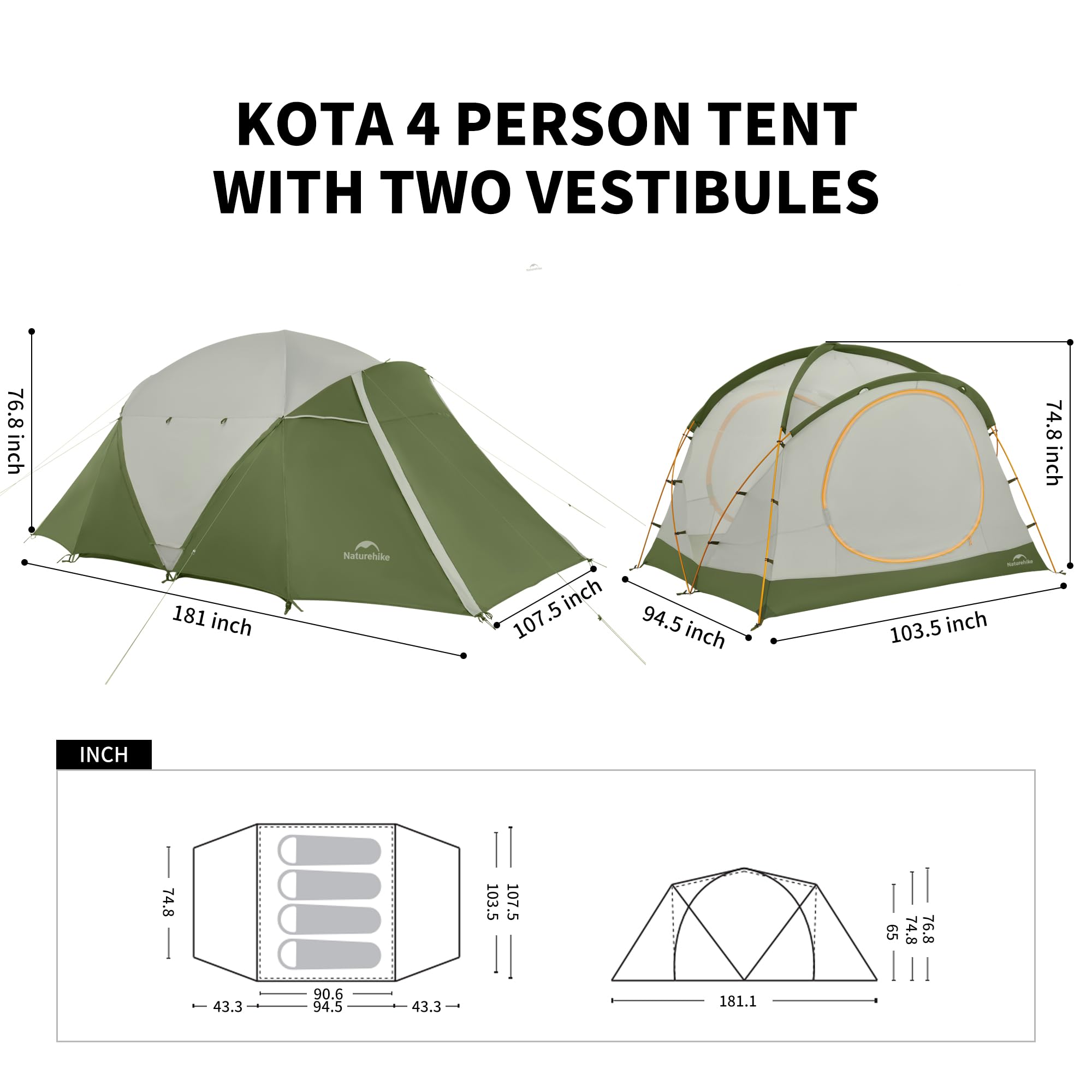Naturehike Kota interior standing room provides 76.8 inches of headroom