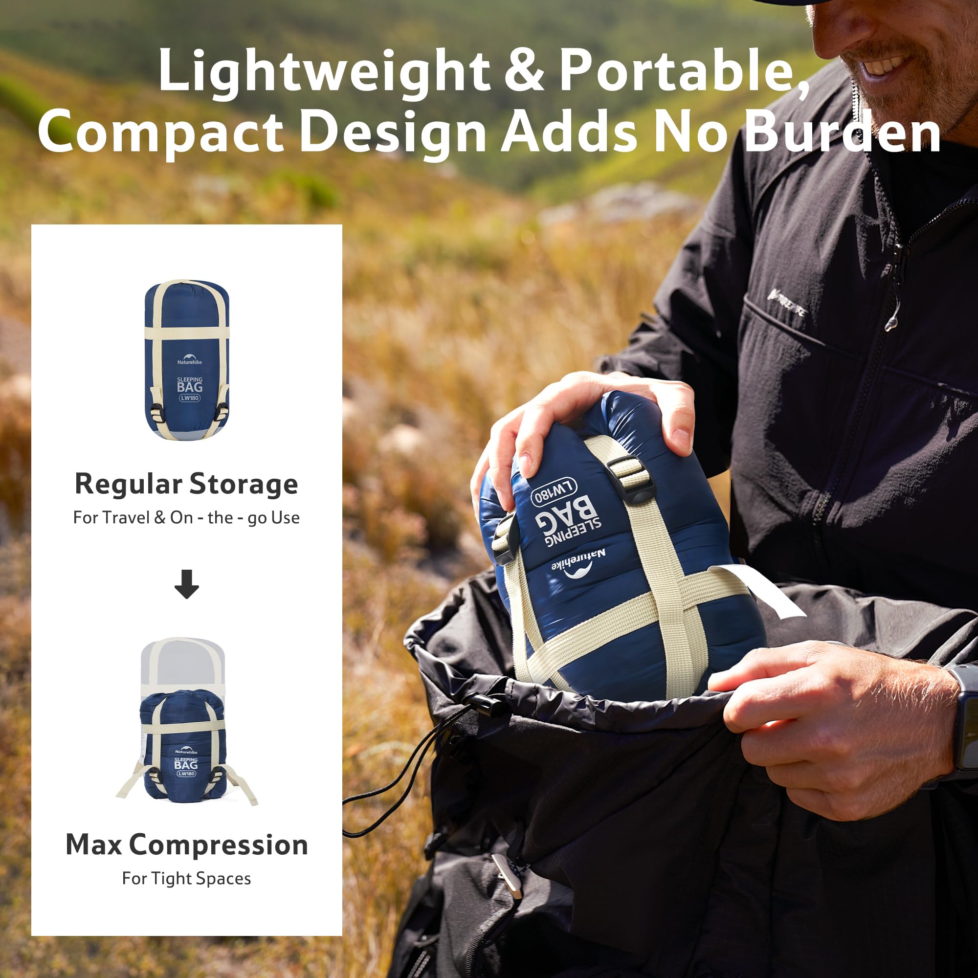 Naturehike sleeping bag packed in compression sack for ultra-portable travel