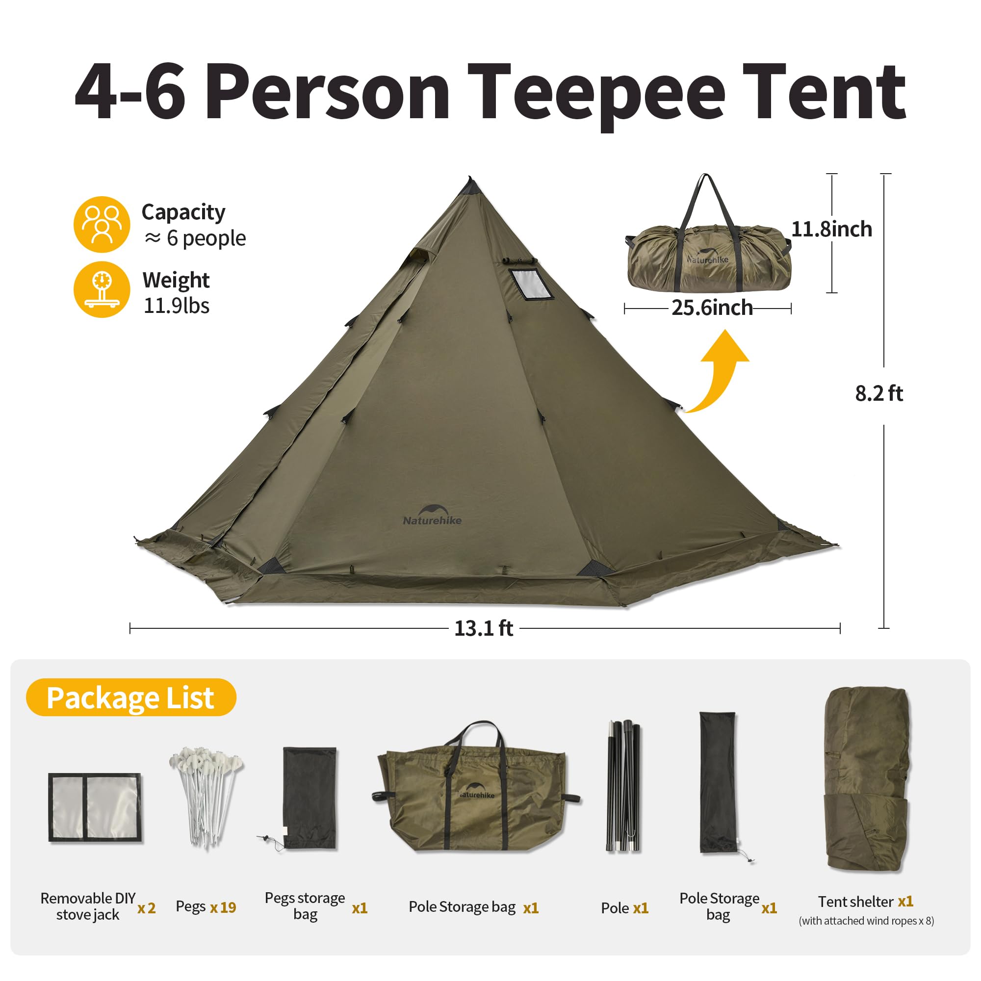 Naturehike Ranch Fire Teepee tent side doors improve access and ventilation in all seasons.