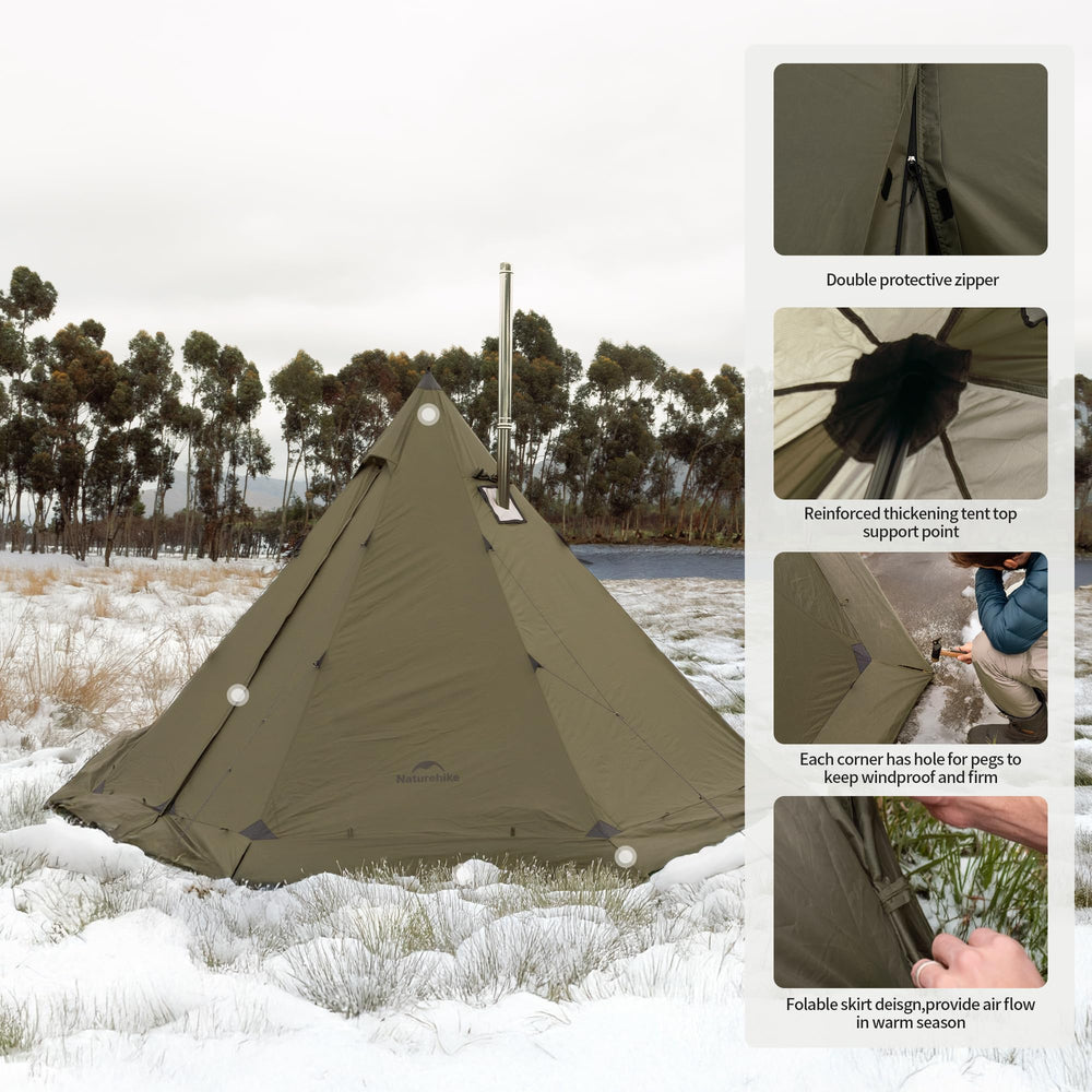 Naturehike Ranch Fire Teepee tent waterproof fabric protects against rain and snow.
