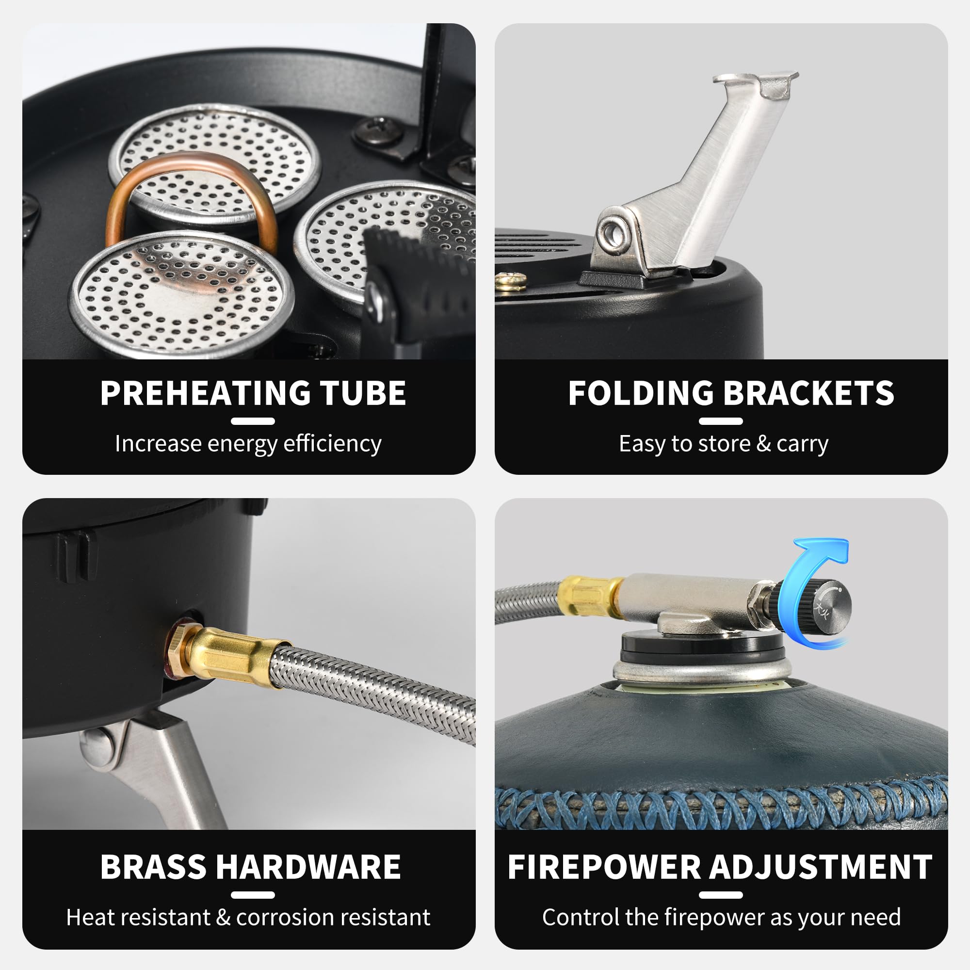 Naturehike stainless burner with brass preheating tube ensures clean, efficient flames.