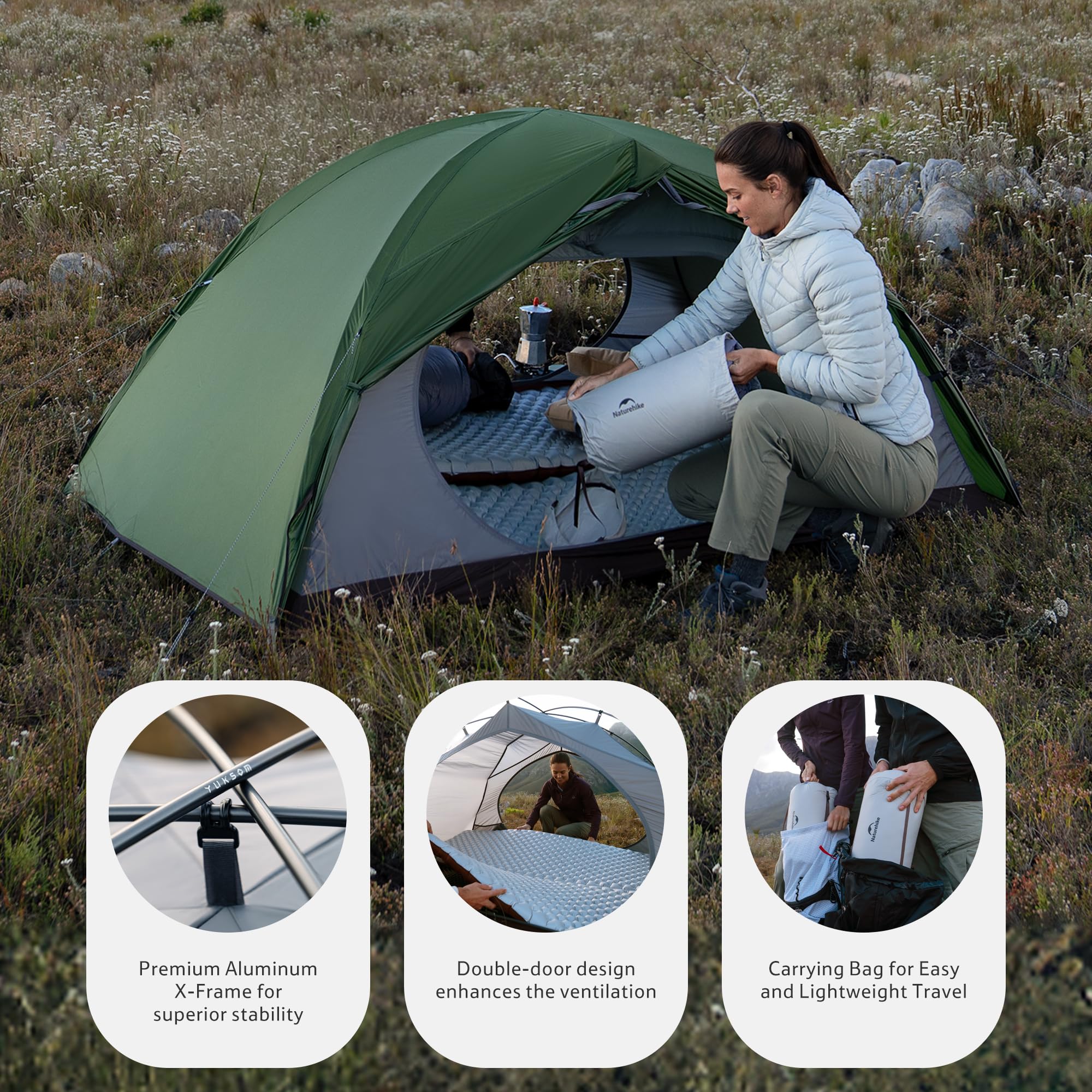 Naturehike tent double-door design enables easy entry and ventilation