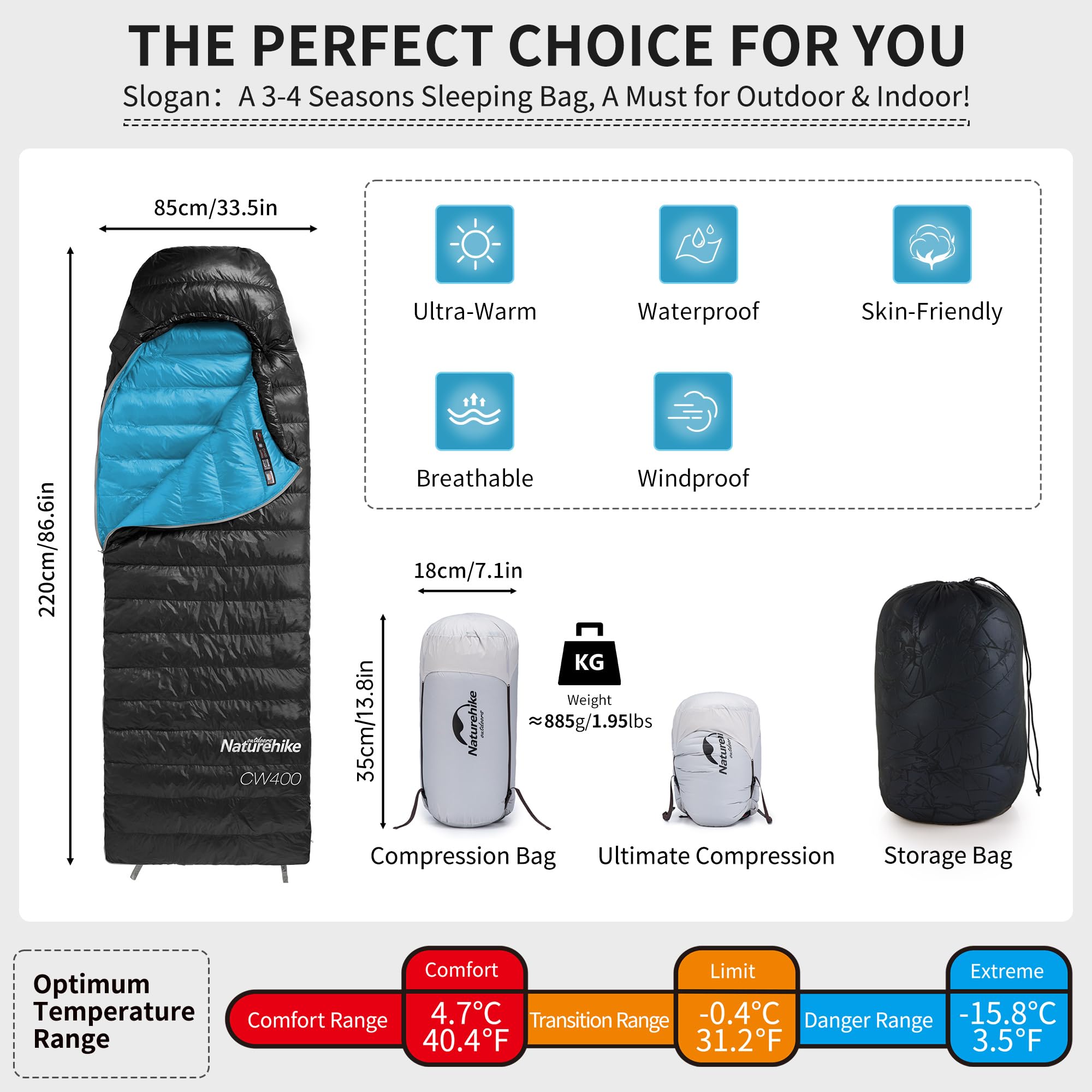 Naturehike ultralight duck down sleeping bag foot-area demonstrates roomy lower section for movement