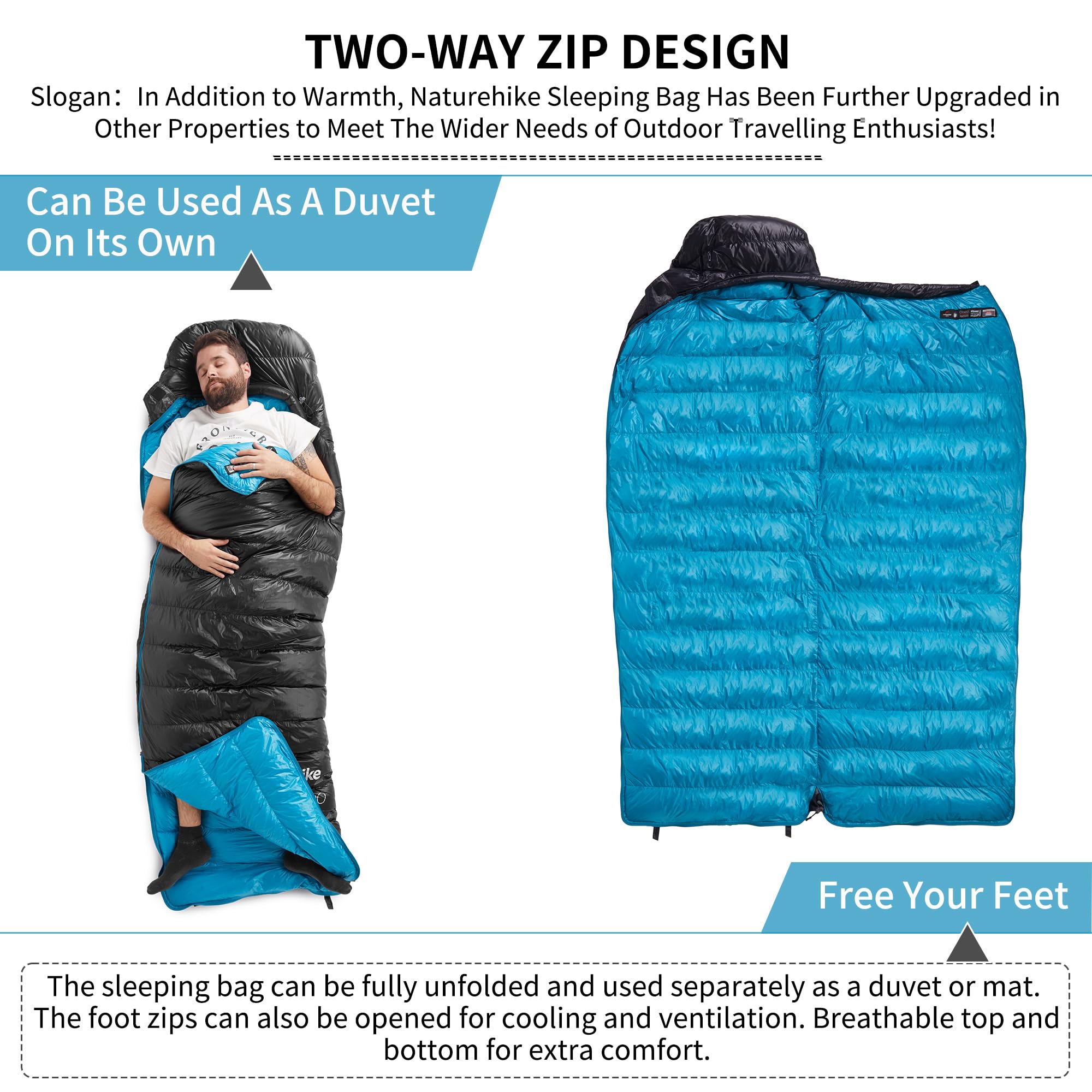 Naturehike ultralight duck down sleeping bag size large offers extra space for taller users
