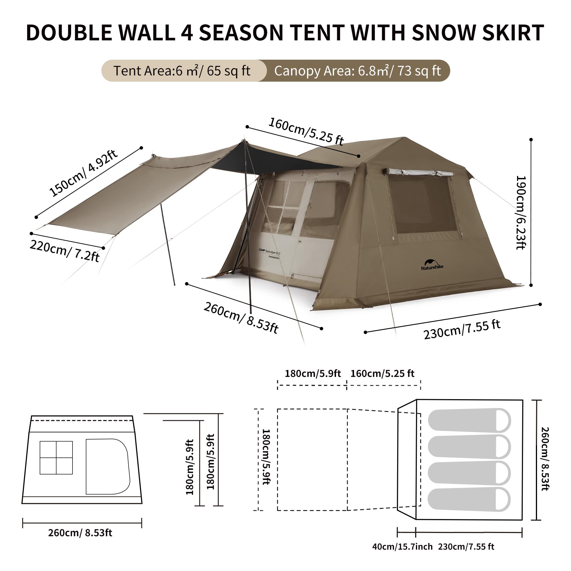 Naturehike Village camping tent interior space shows roomy headroom for family comfort.
