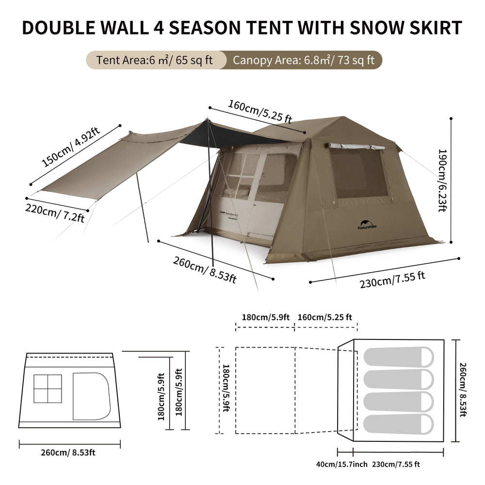 Naturehike Village camping tent interior space shows roomy headroom for family comfort.