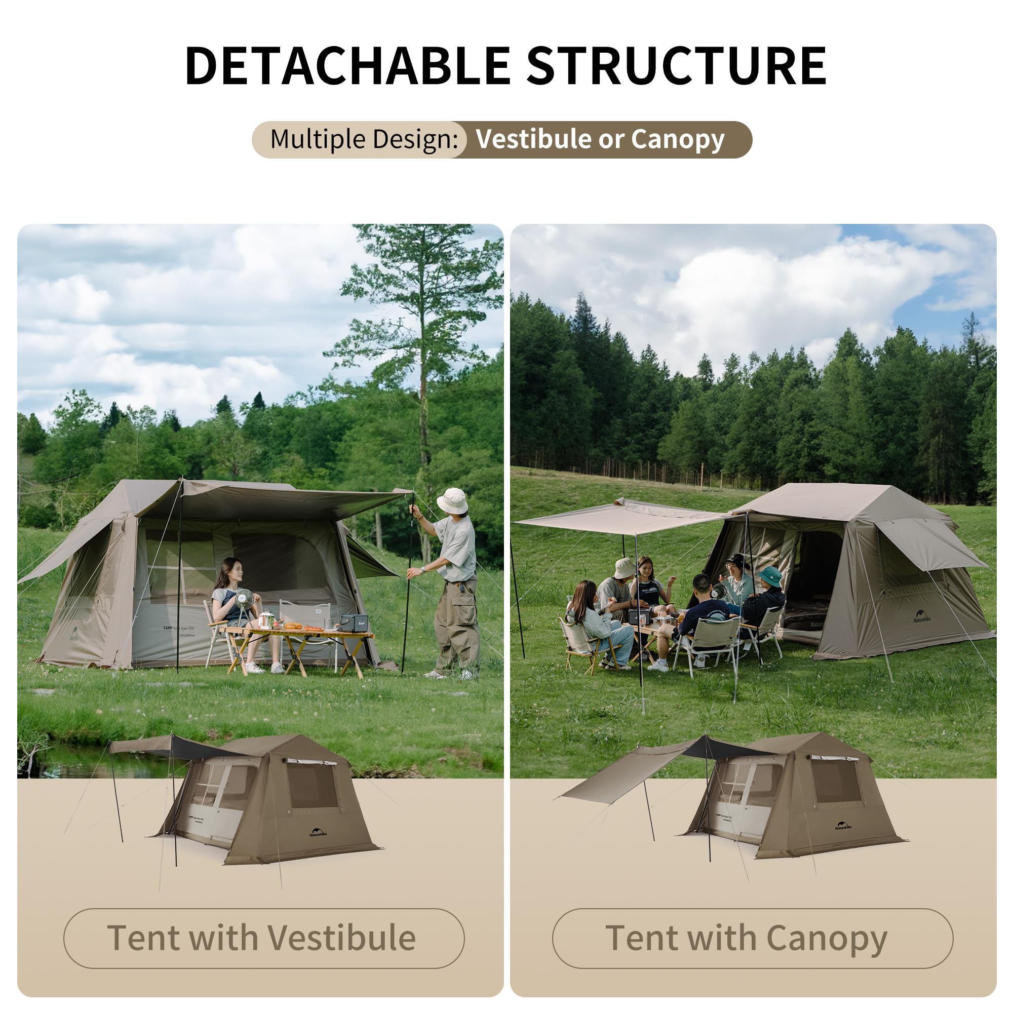 Naturehike Village camping tent vestibule offers extra storage and gear organization outdoors.
