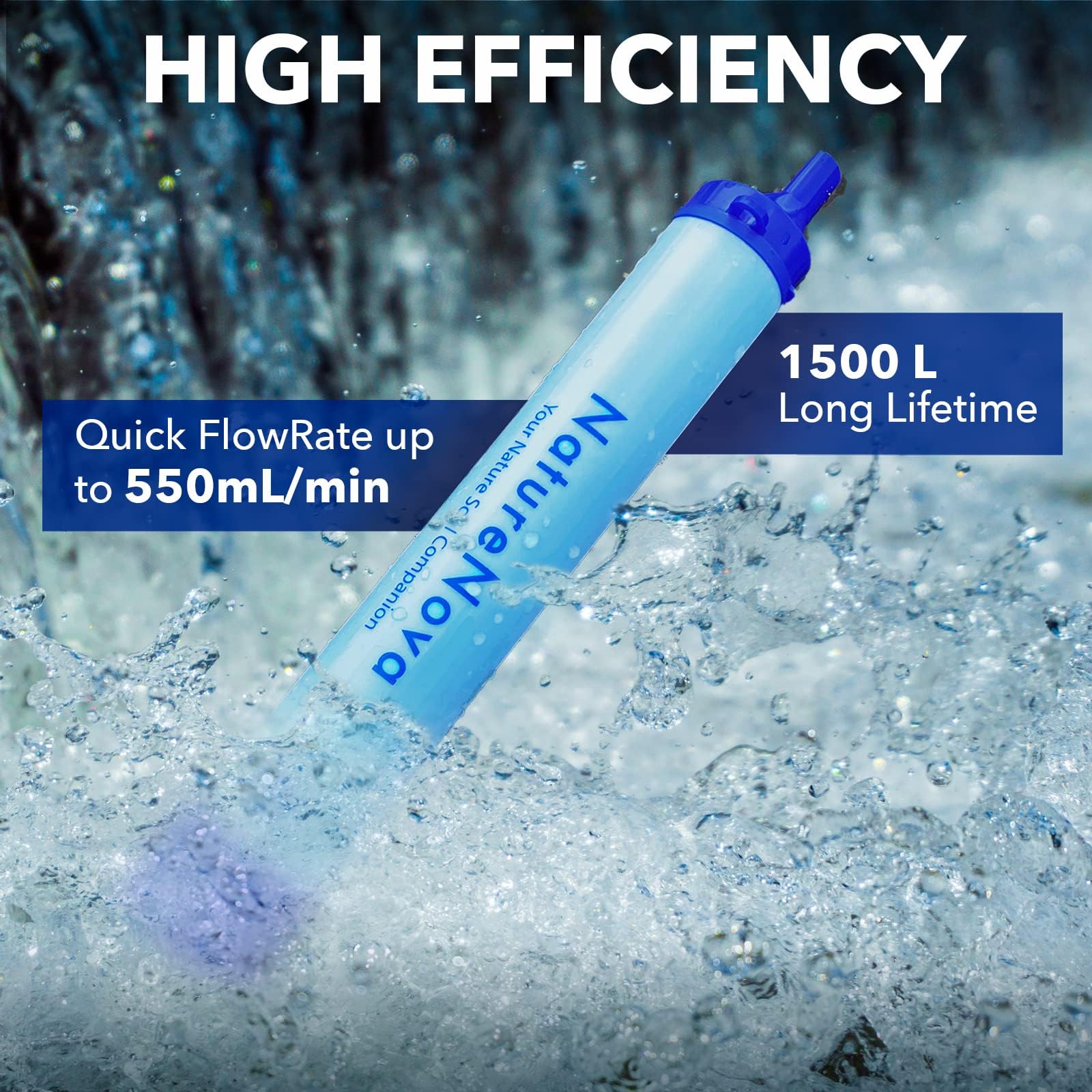 NatureNova water filter closeup shows portable filtration for outdoor readiness