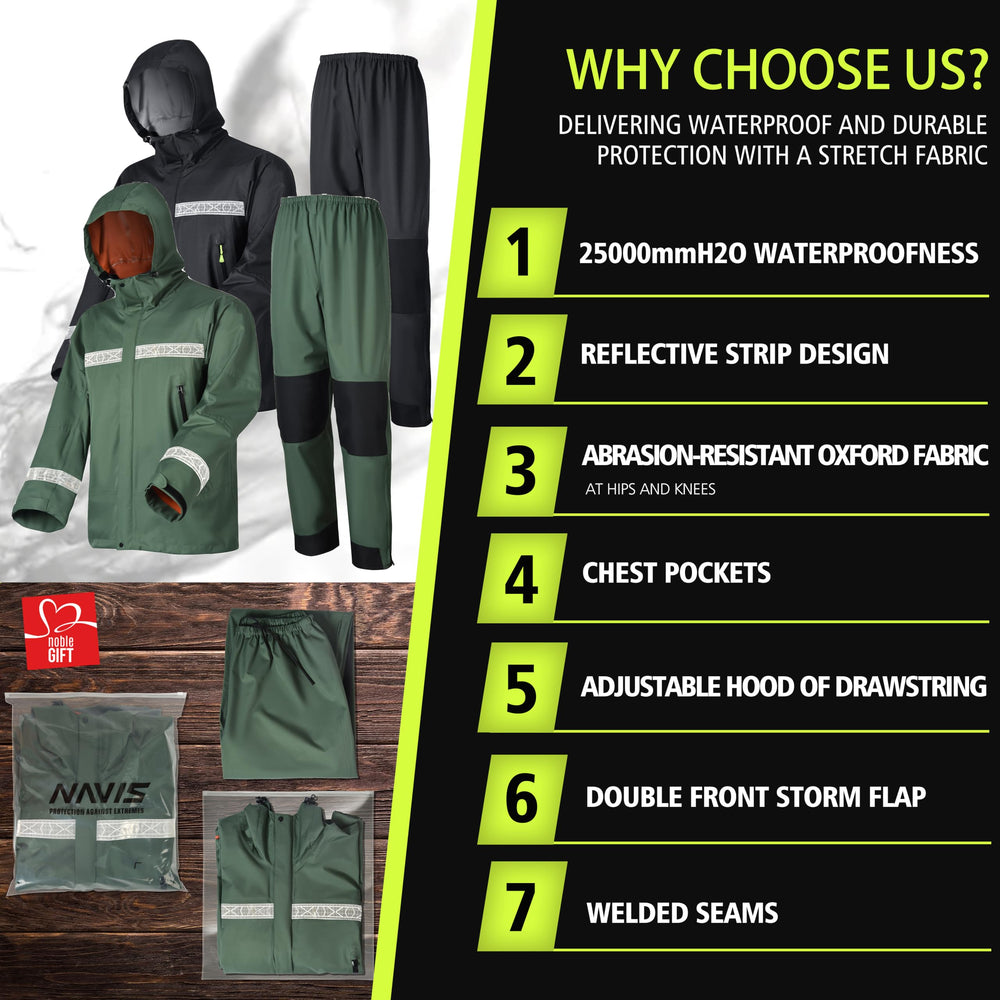 NAVIS MARINE rain suit in dark green aids urban commutes in rain.