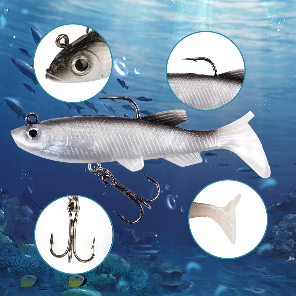 Nawaish lures feature black nickel hooks for corrosion resistance and secure hookups.
