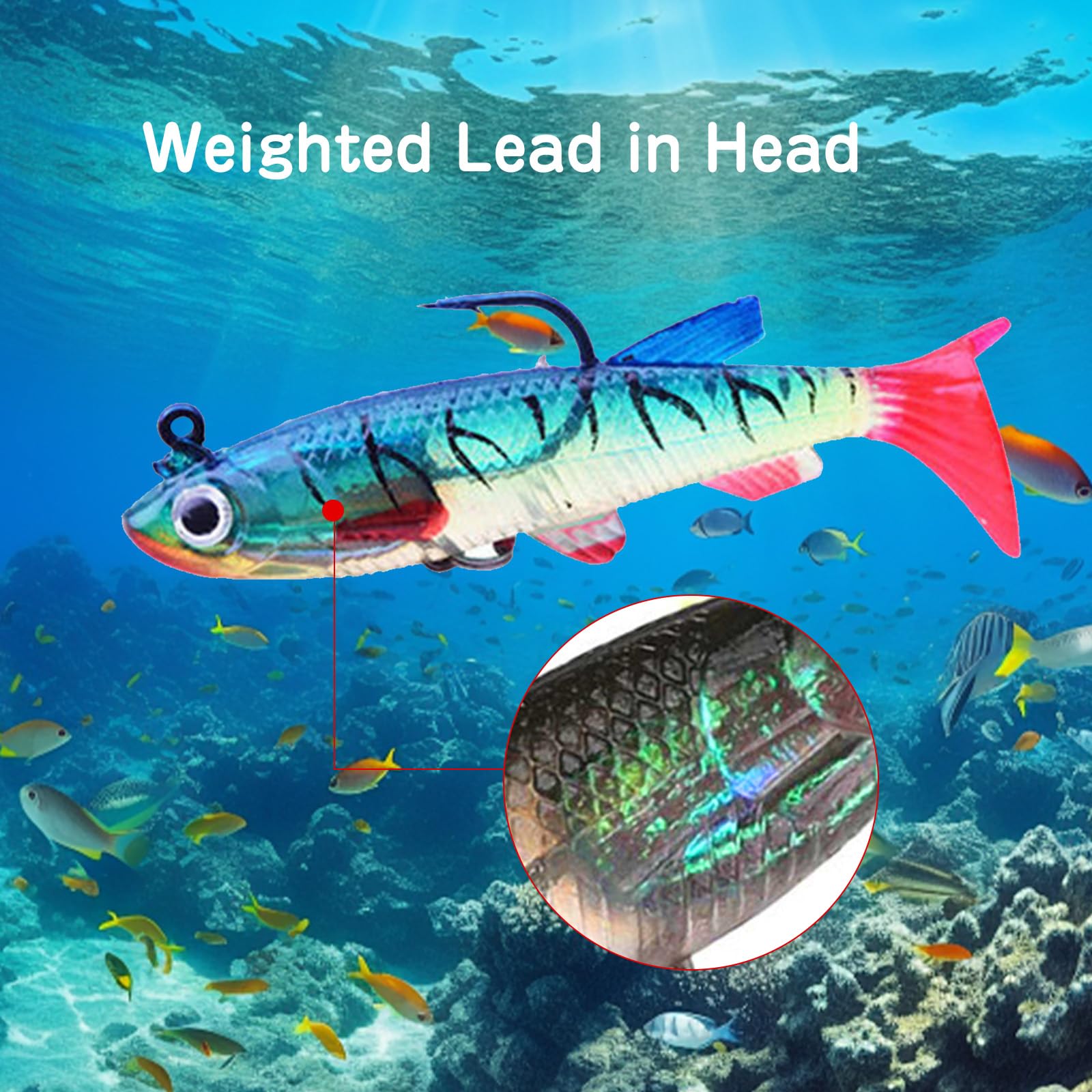 Lead-weighted jig head enables longest casts for open-water and shorelines.