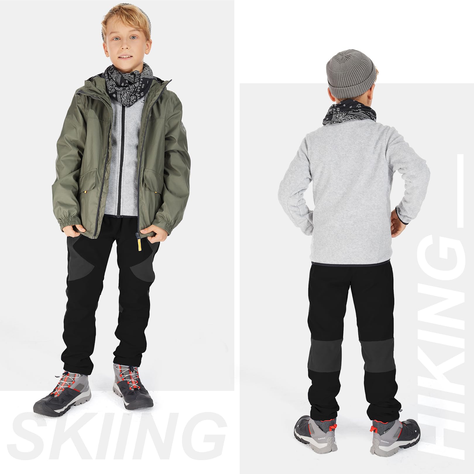 nayjury kids snow pants elastic-waist closeup: comfortable adjustable fit during active play