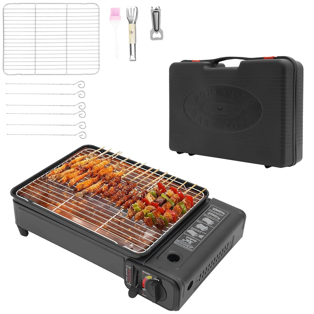 NAZEAOB portable gas grill stove shown on a sturdy table for outdoor meals.