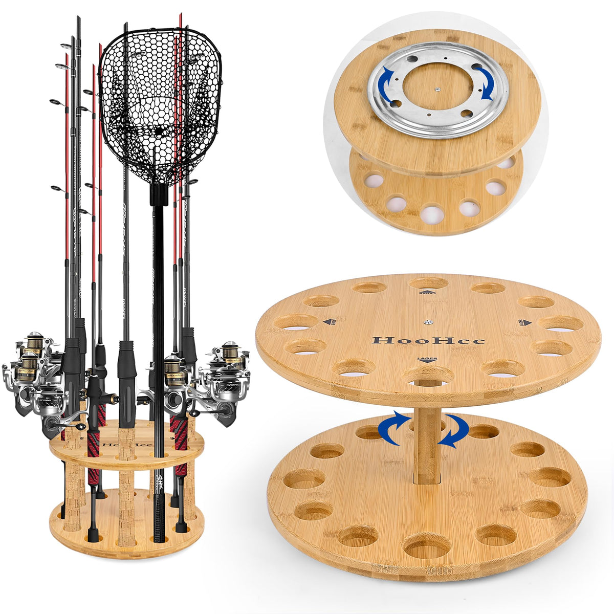 NBINGB bamboo fishing rod holder front view with 360° rotating base