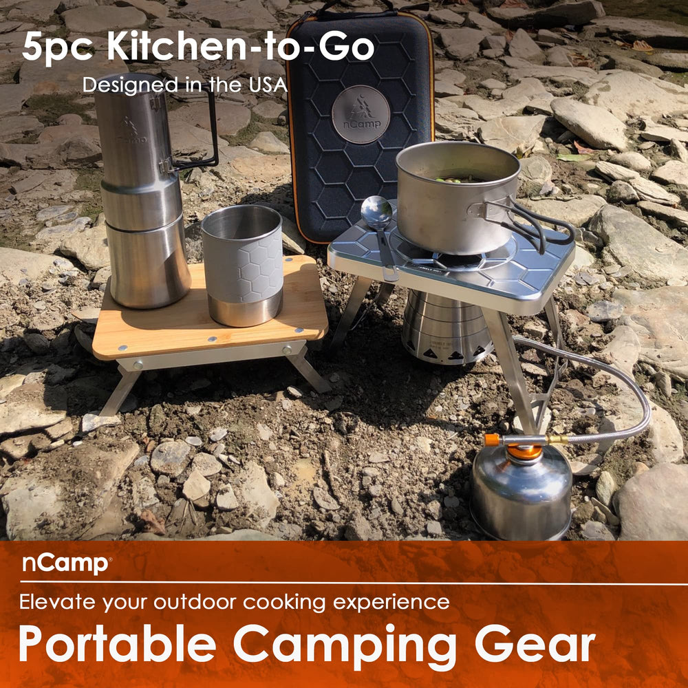 nCamp Kitchen to Go fuel adapter enabling isobutane or propane compatibility