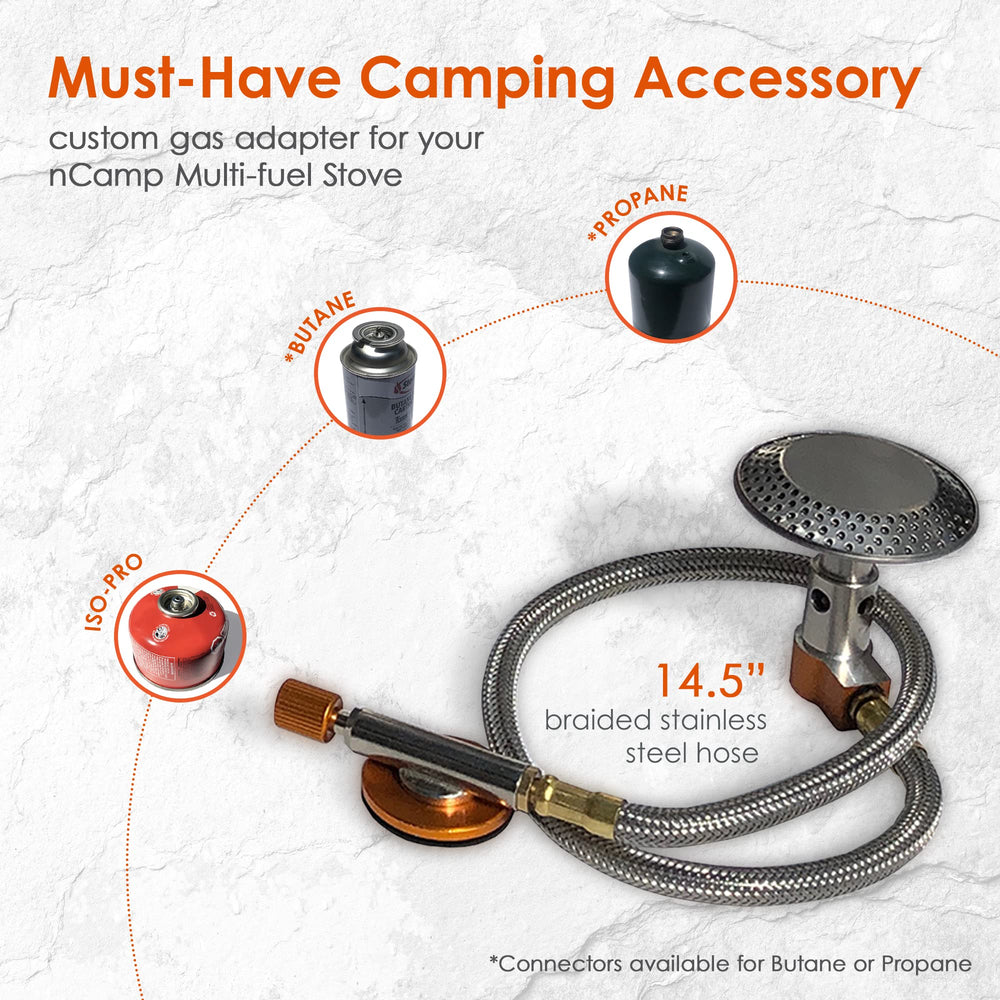 nCamp lightweight hose measures 14.5 inches for quick fuel connections