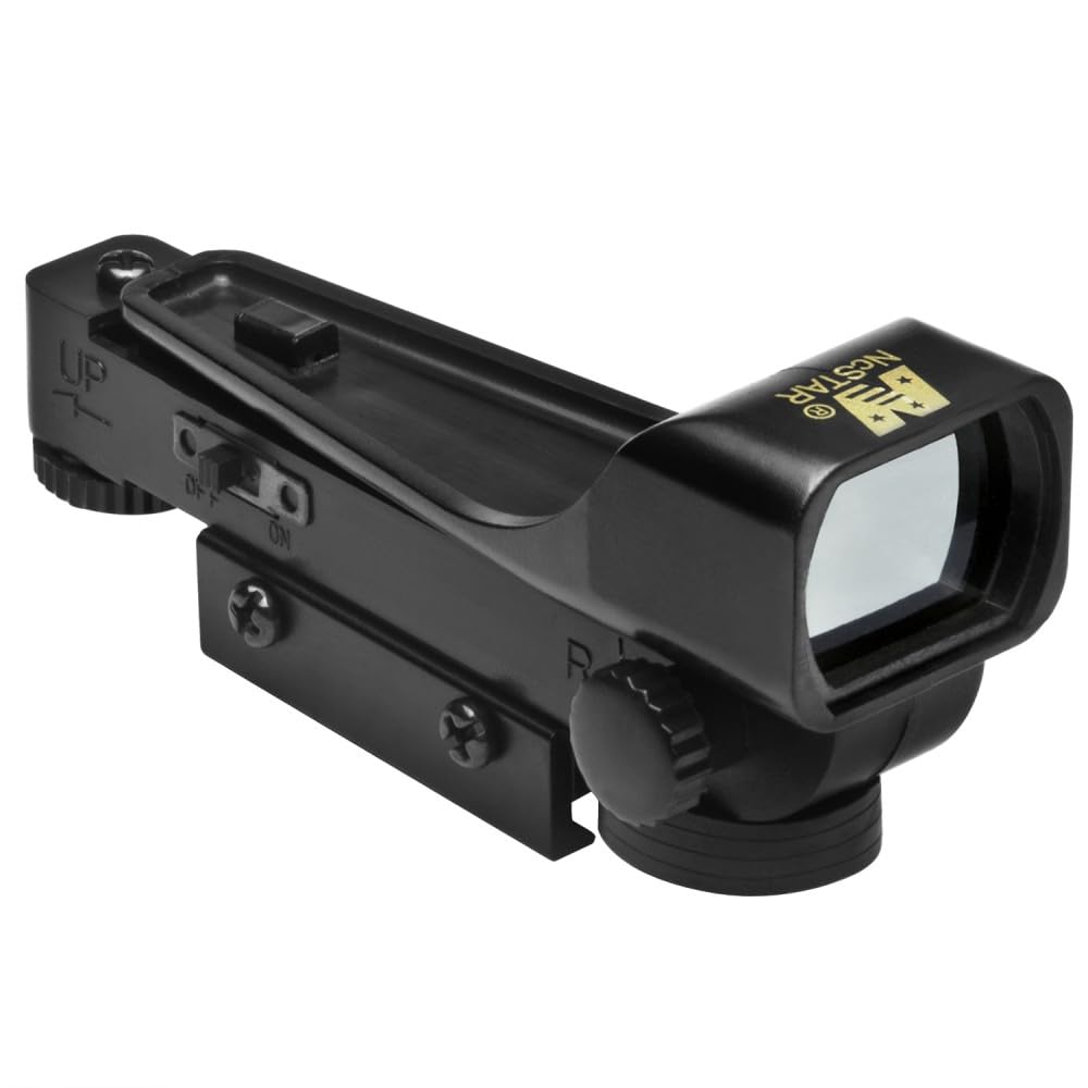 NcSTAR red dot reflex sight on 3/8 inch dovetail base enables fast aiming.