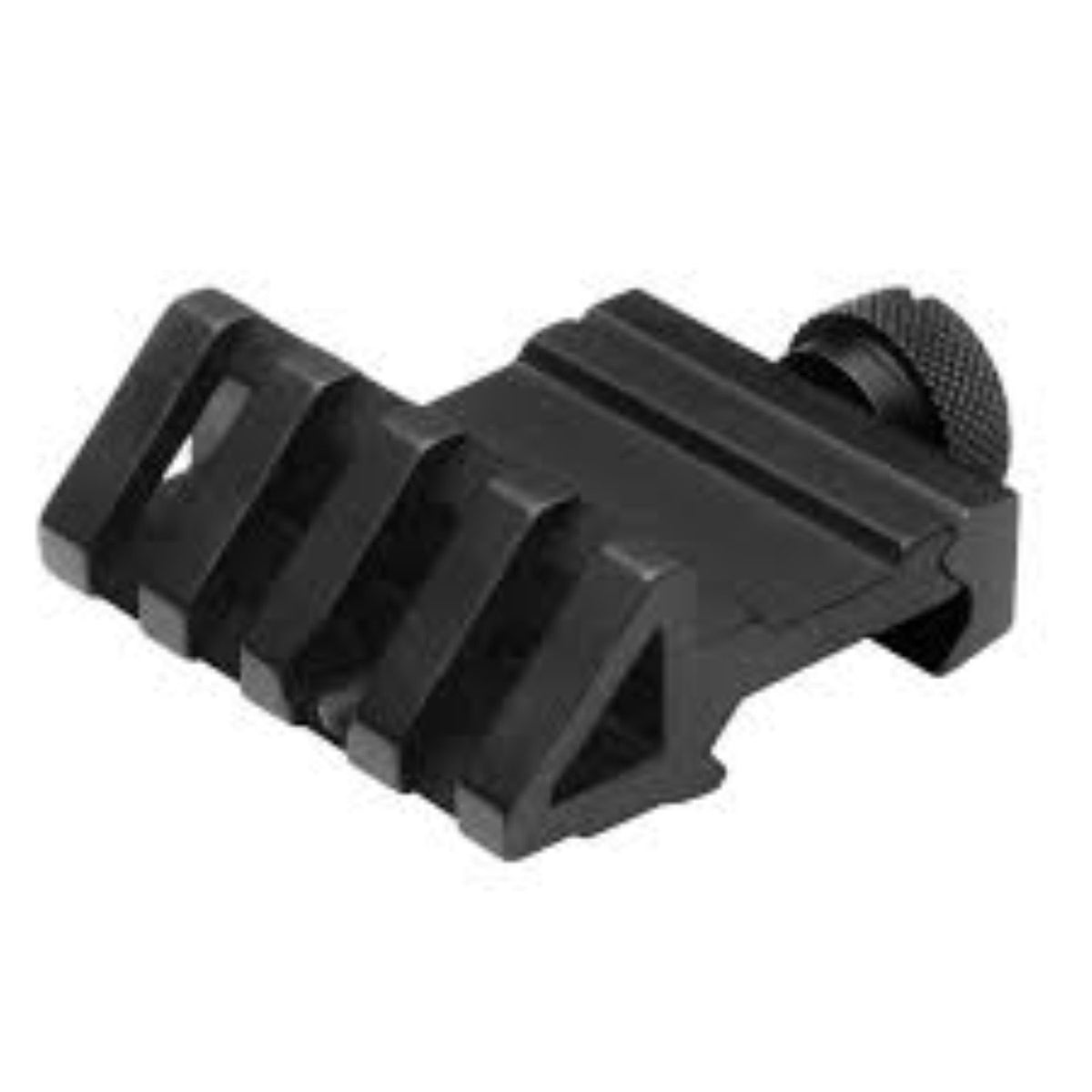 NcSTAR Weaver-style 45-degree offset rail mount keeps lasers and lights within easy reach.