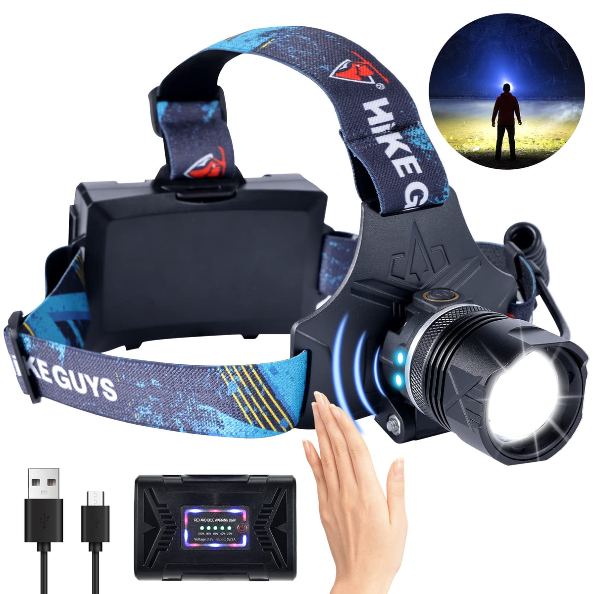 Ndeplis LED headlamp front-illumination beam for night runs and camping safety.