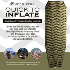 NEAR ZERO sleeping pad inflates with 11 breaths for fast, reliable setup.
