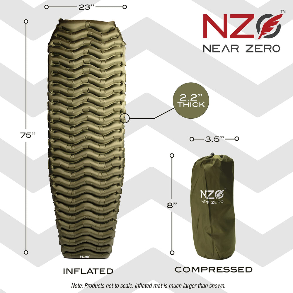 NEAR ZERO ultralight pad measures 73x23 inches for spacious sleeping.