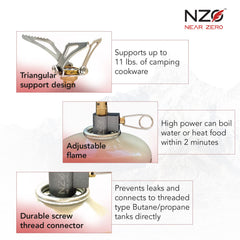 Near ZERO ultralight stove flame-control knob enables precise heat adjustment.