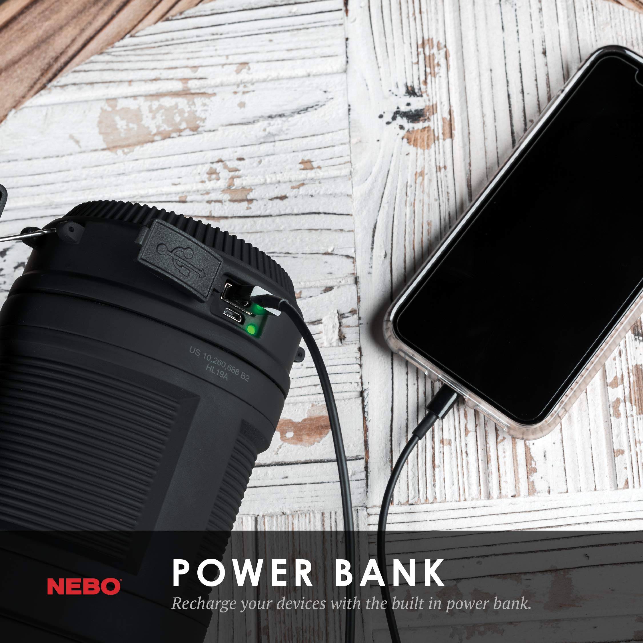 NEBO Big Poppy micro-USB cable included for fast recharging.