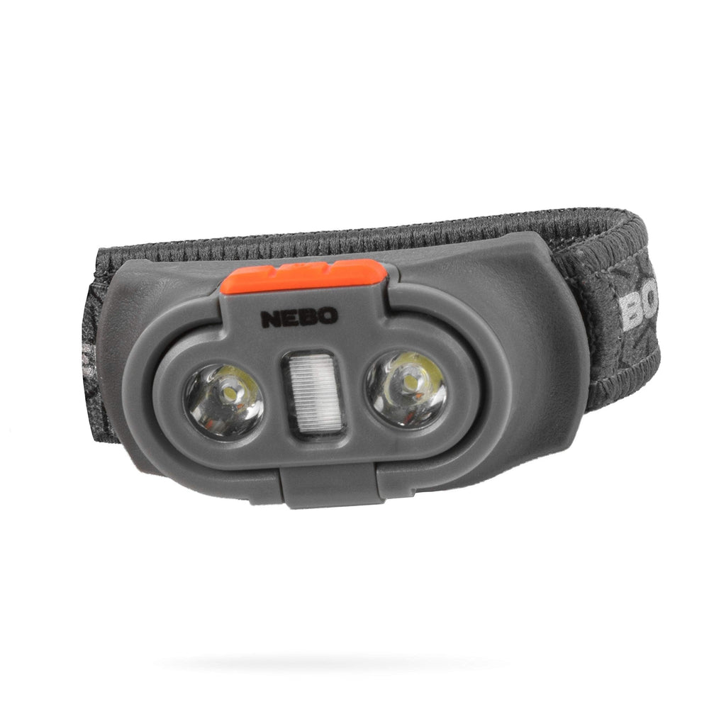 NEBO Einstein headlamp tilt-angle demonstrates adjustable focus for hands-free trail visibility.