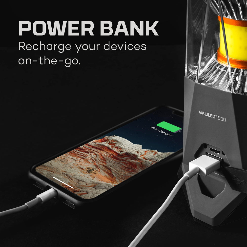 NEBO Galileo Lantern USB power bank illustrates charging devices on trail