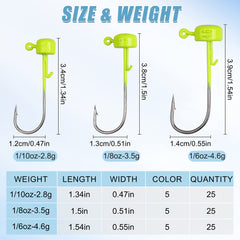 Jig head weights 1/10oz, 1/8oz, 1/6oz displayed