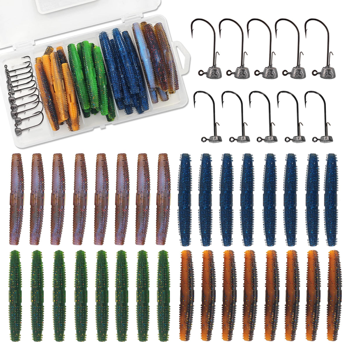 Ned Rig soft plastics bass fishing kit with lure sticks and jig heads