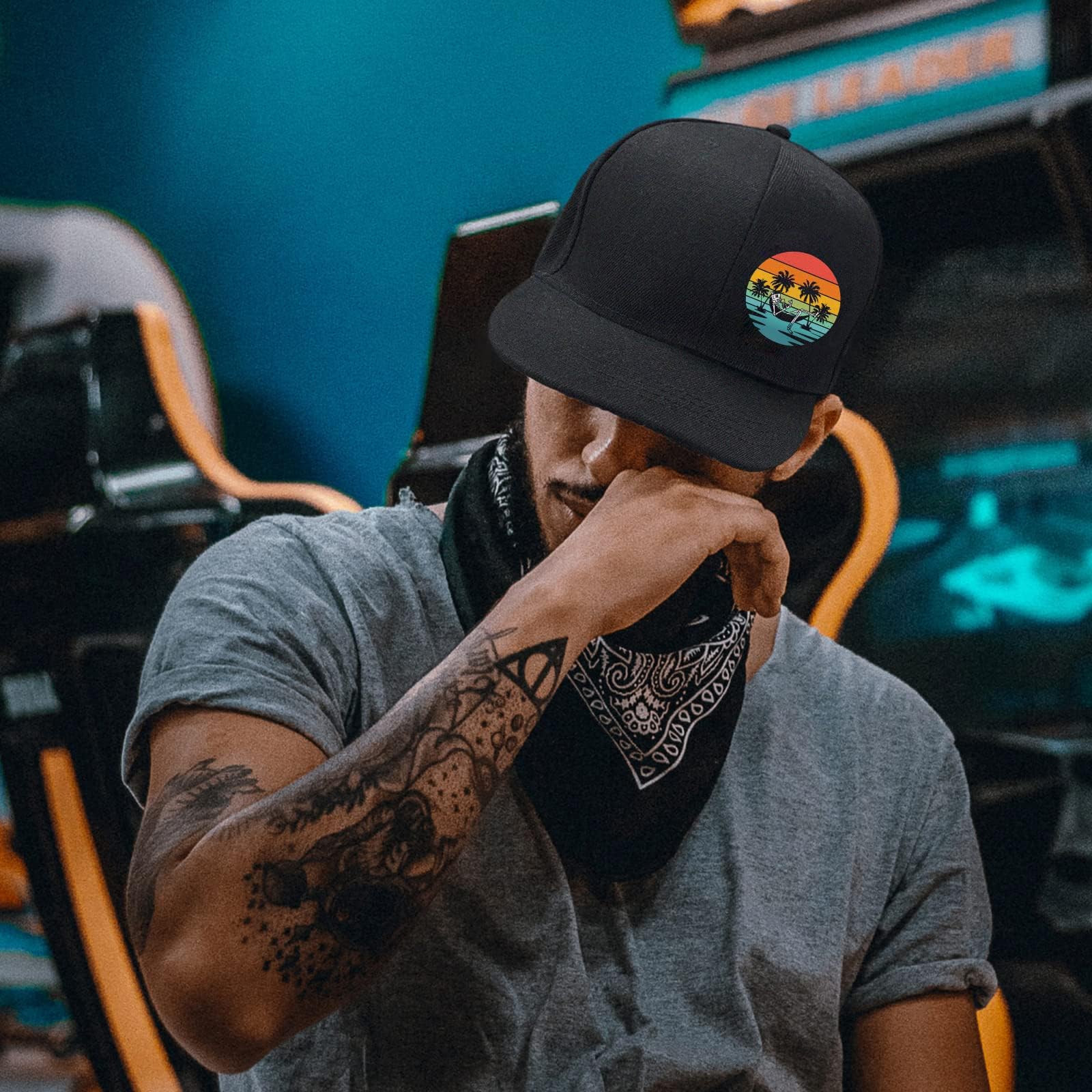 Close-up of the flat bill brim on Negi Classic Skull Snapback
