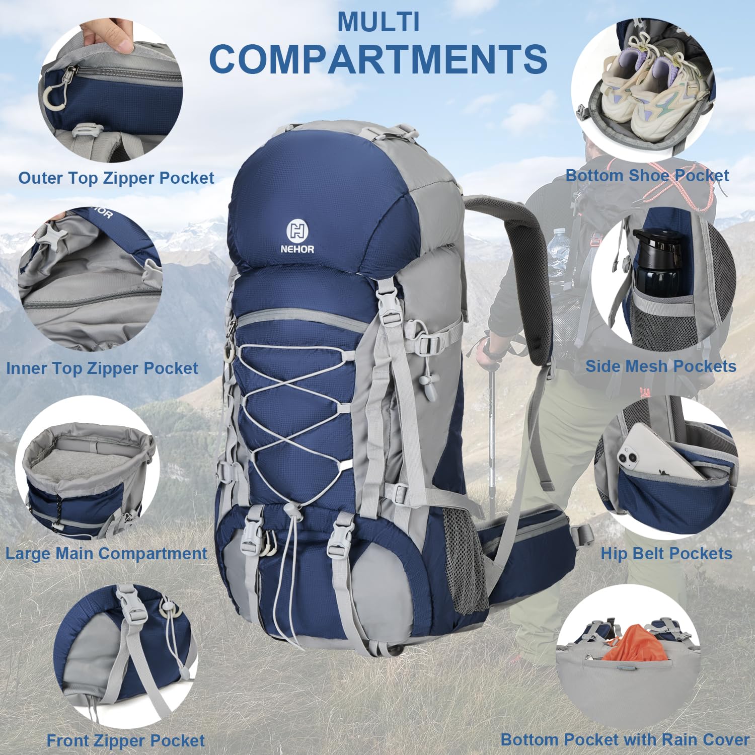 NEHOR 60L hiking backpack back panel provides breathable comfort with 3D sponge padding