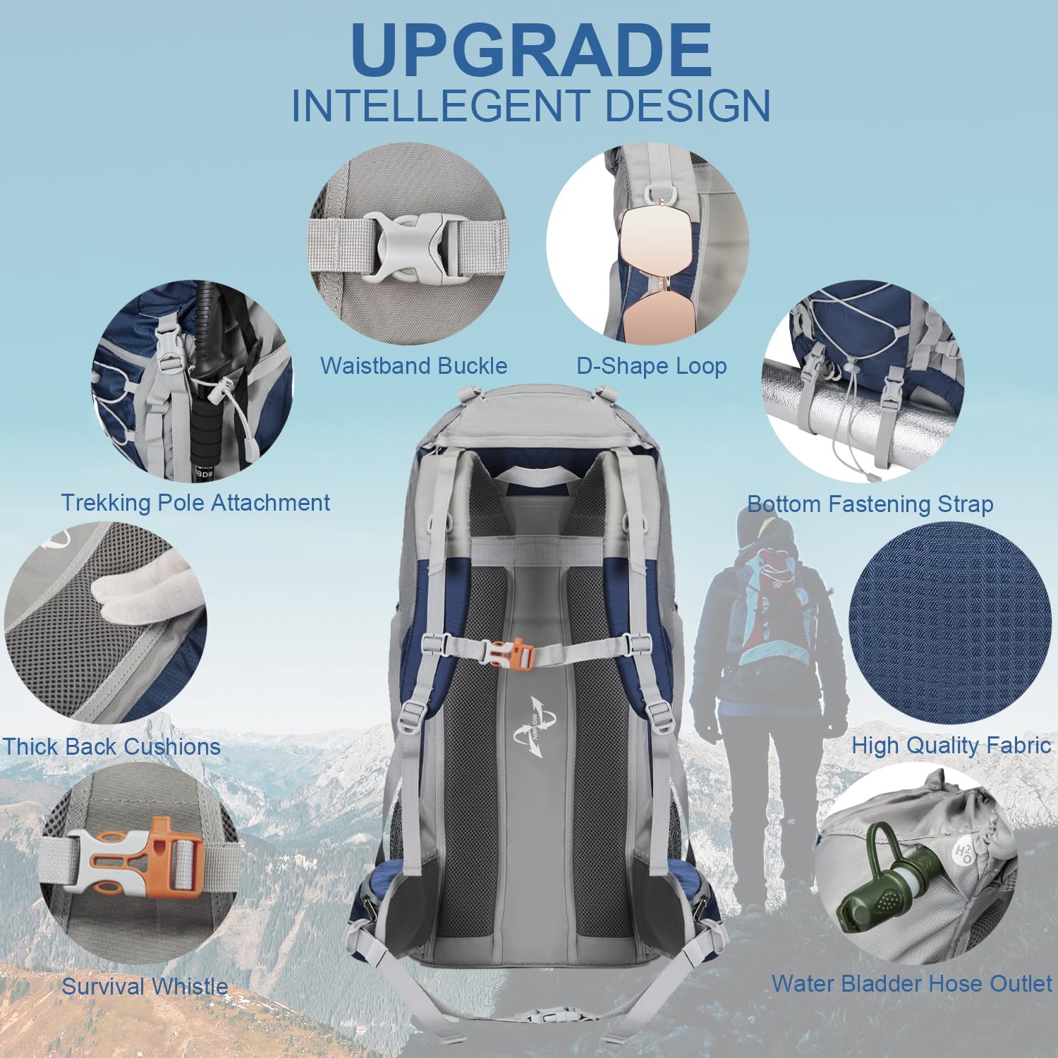 NEHOR 60L hiking backpack dimensions 21.5 x 11.8 x 8 inches for a compact fit