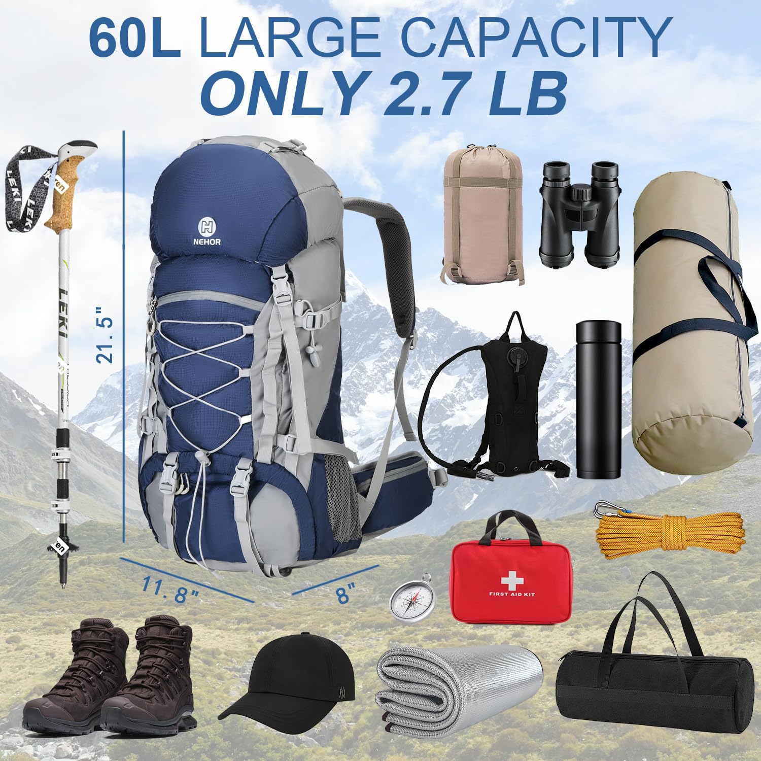 NEHOR 60L hiking backpack rain cover pocket protects gear from rain