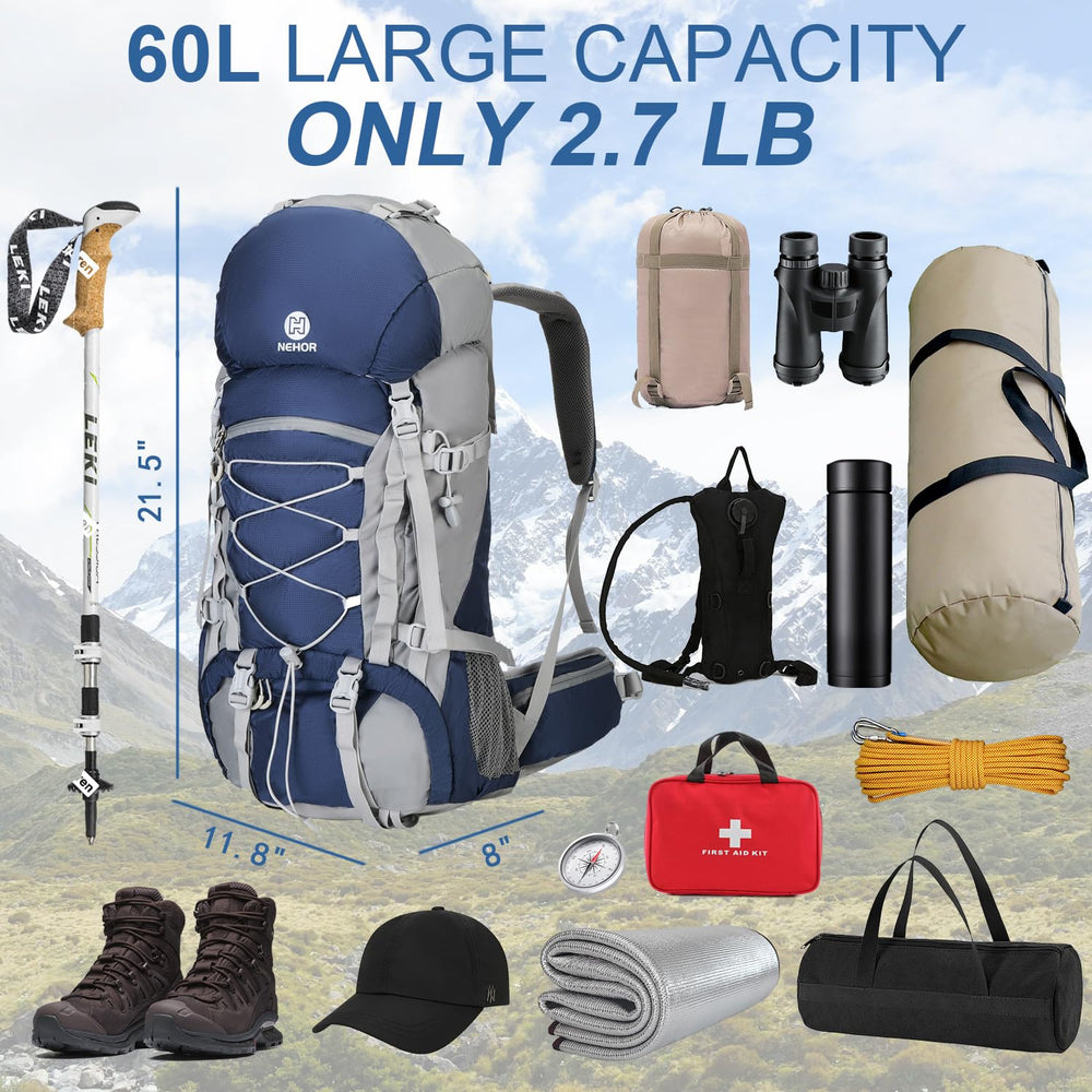 NEHOR 60L hiking backpack rain cover pocket protects gear from rain