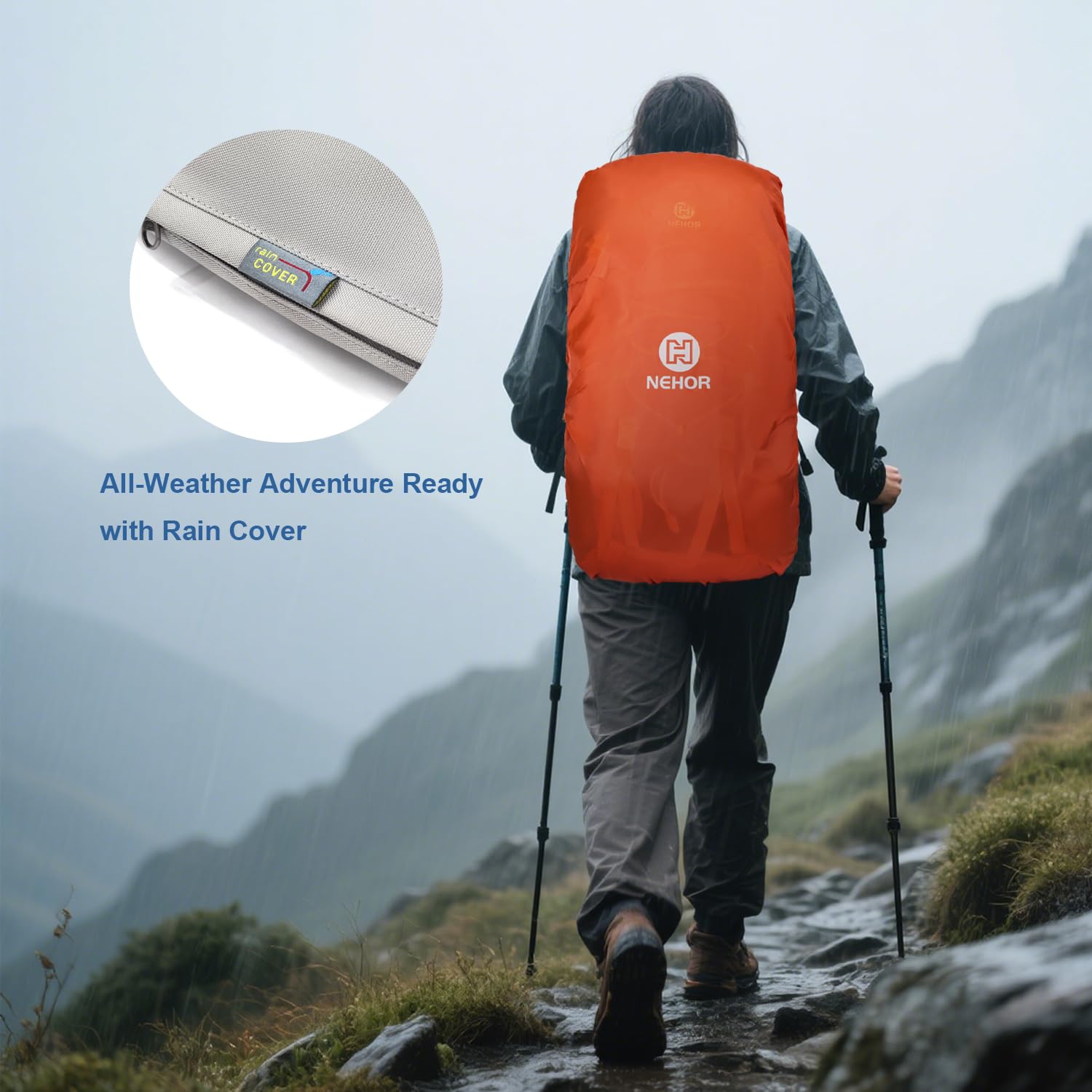 NEHOR 60L hiking backpack trekking pole holders provide quick-carry convenience
