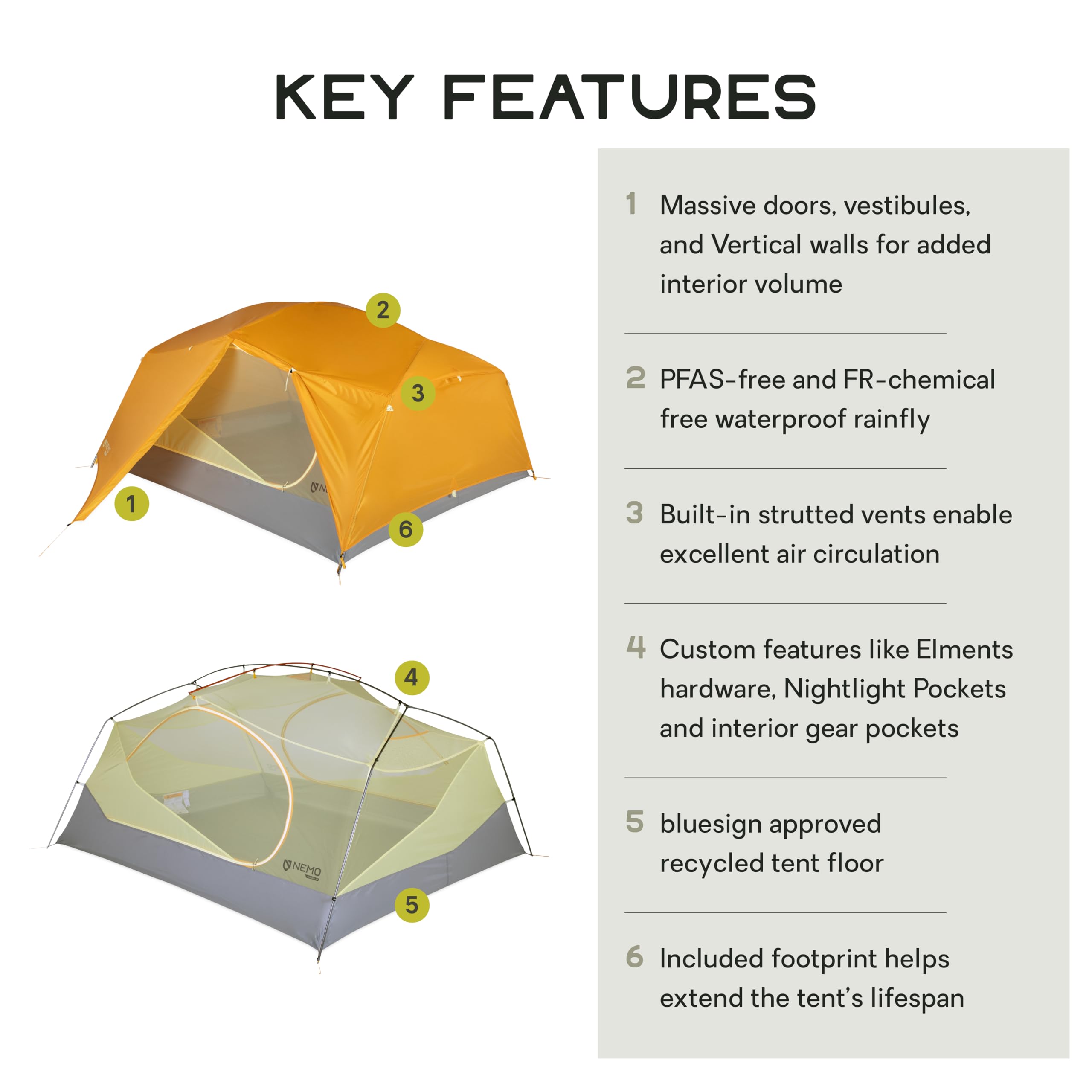 NEMO Aurora 3P tent showing large doors and vestibules for easy gear access.