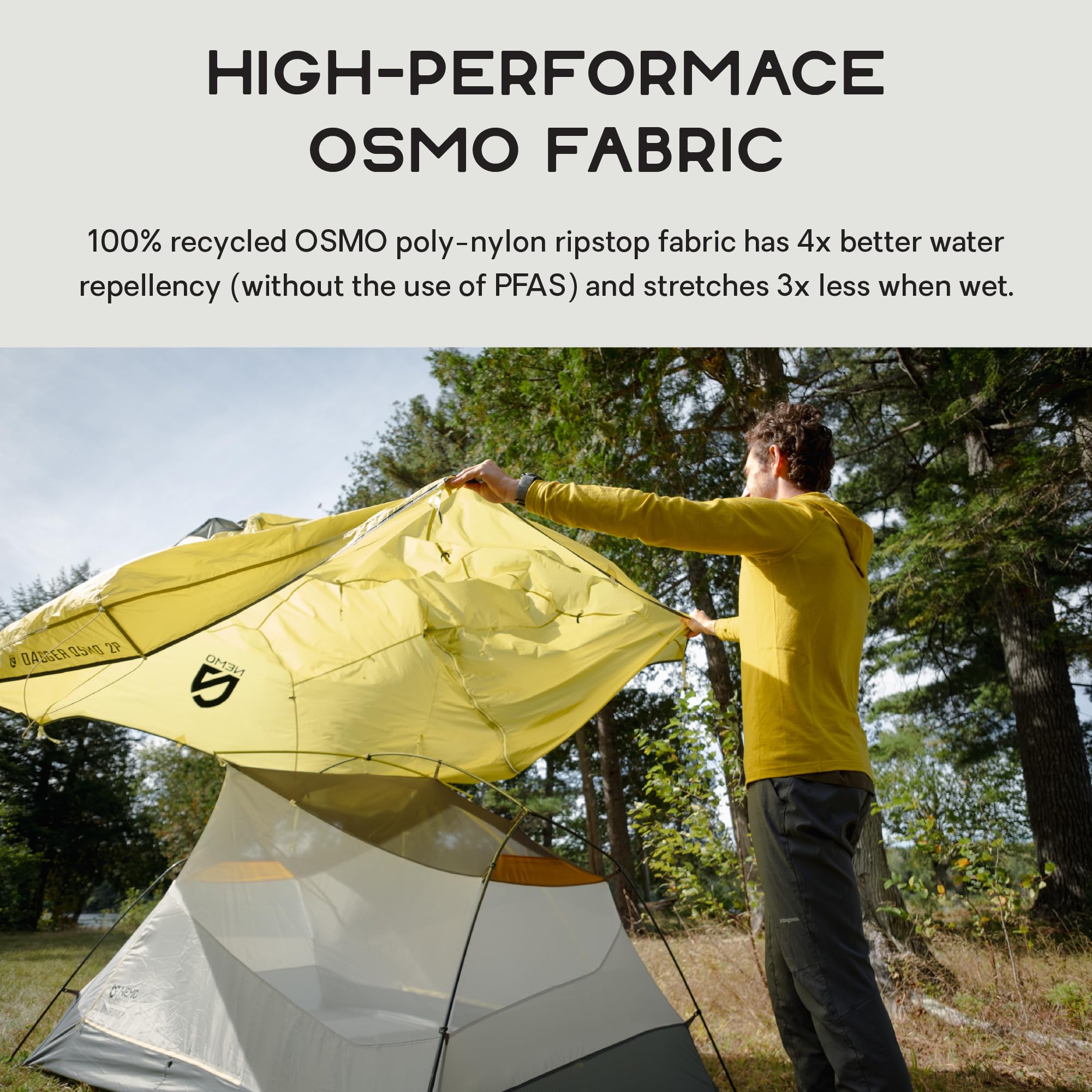 NEMO Dagger OSMO Birch Bud vestibule showing extra gear storage