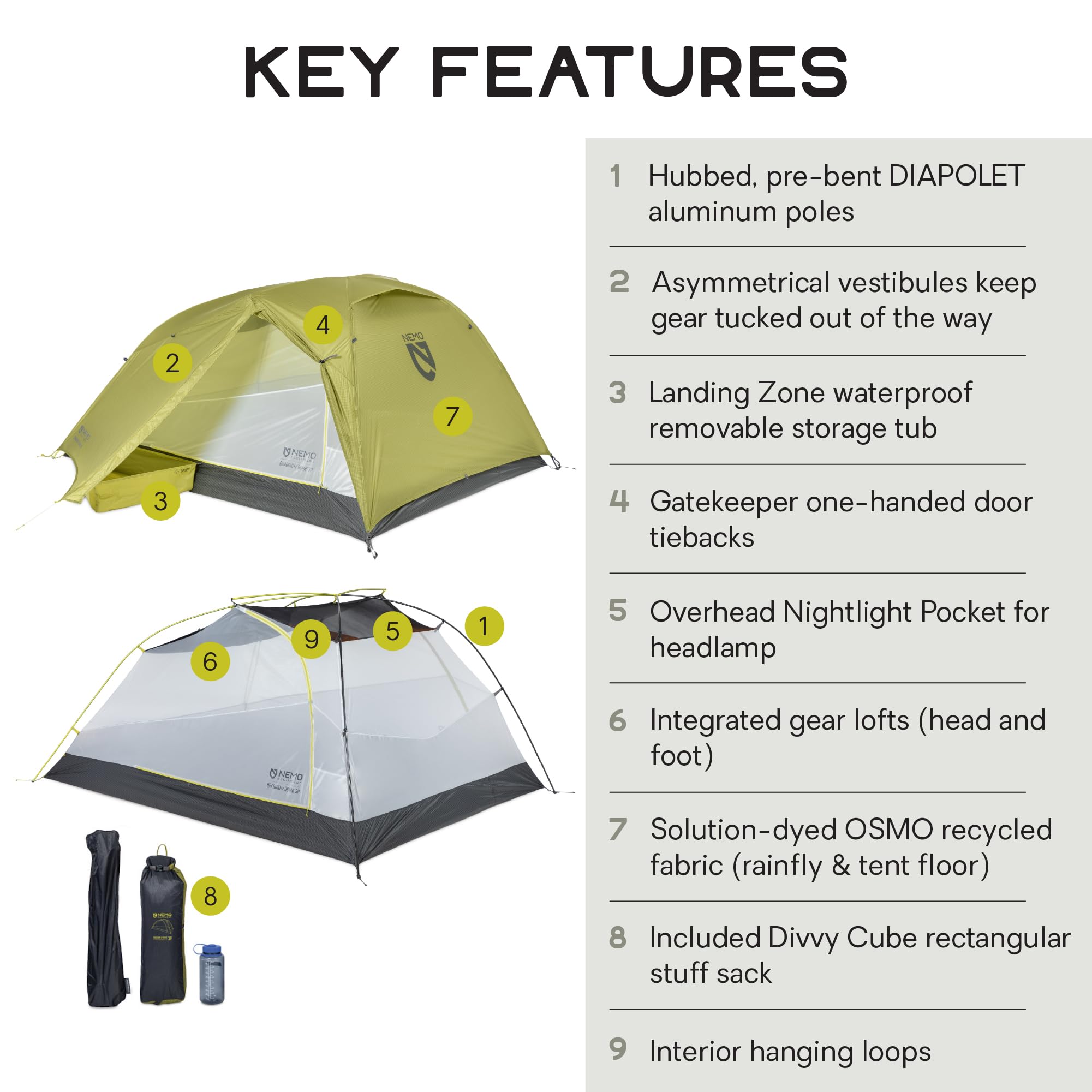 NEMO Dragonfly OSMO 3P tall doors aid quick access in Birch Bud.