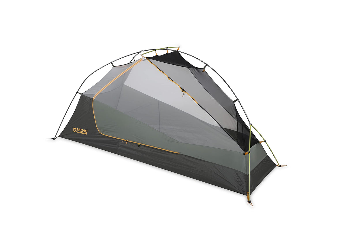 Nemo Dragonfly OSMO tent front view highlighting stealth color and compact bikepacking profile.