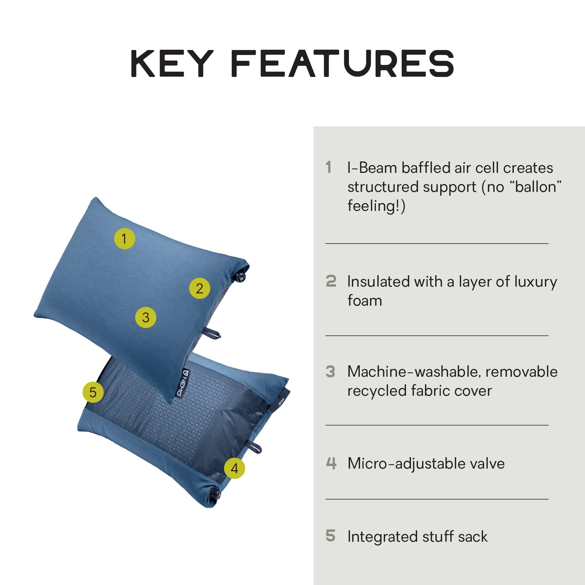 Nemo Fillo pillow packed in its integrated stuff sack for easy carry.
