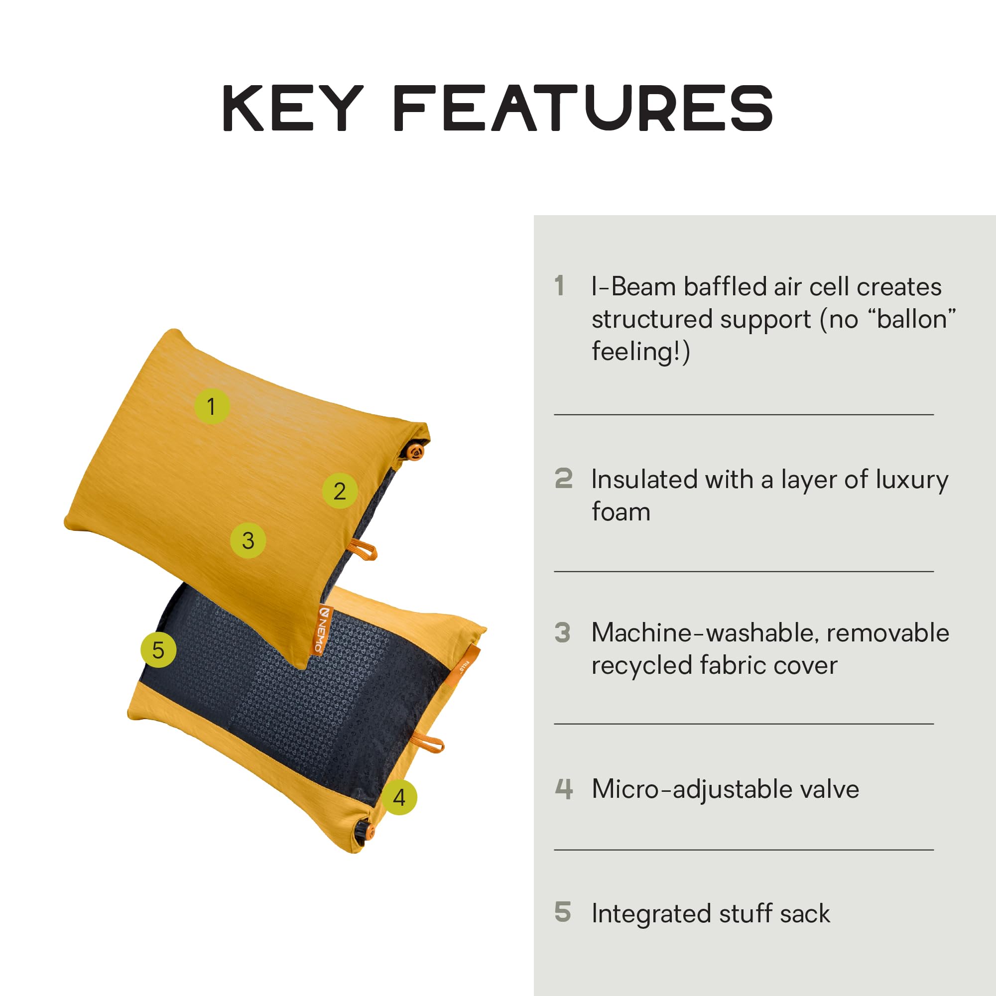 Nemo Fillo demonstrates a 3-inch I-beam air cell providing stable head cradling.