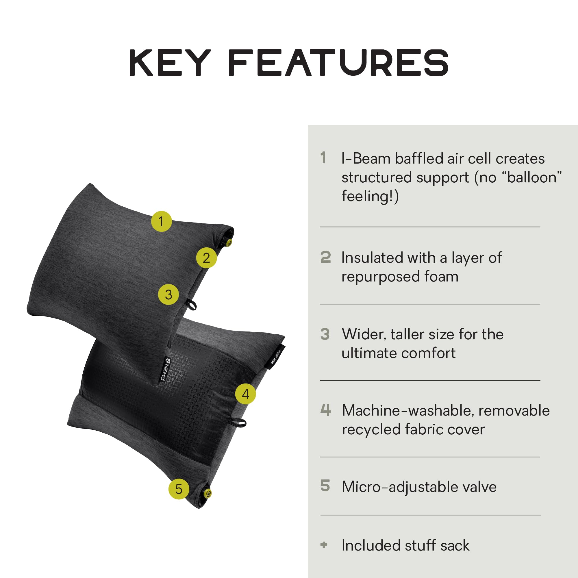 Nemo Fillo King air-cell head cradle provides weightless, supportive comfort.