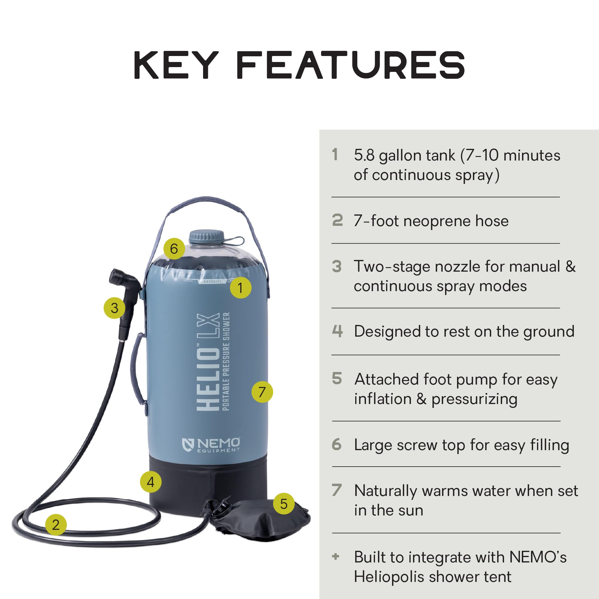 Nemo Helio LX 7-foot hose enables overhead rinsing outdoors.