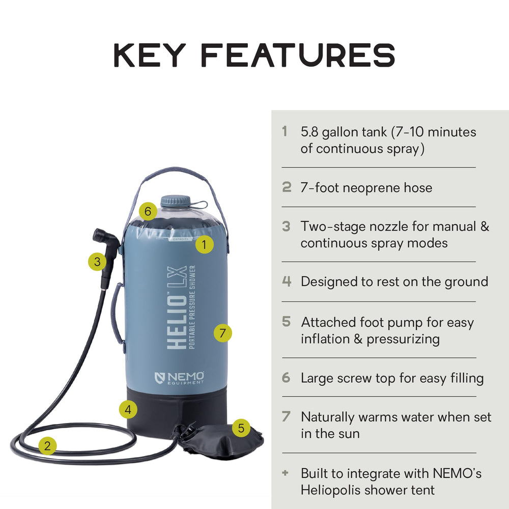 Nemo Helio LX 7-foot hose enables overhead rinsing outdoors.