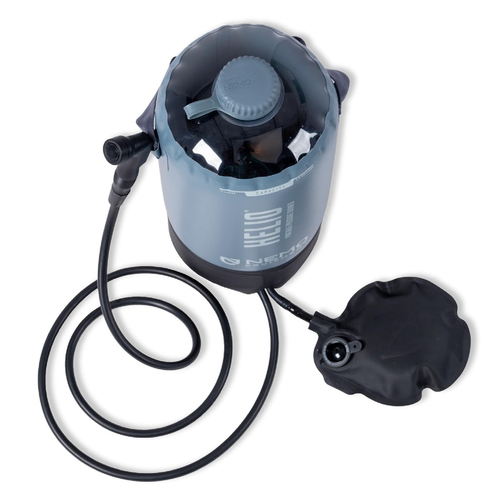 Nemo Helio portable shower 11-liter capacity supports longer outdoor rinses.
